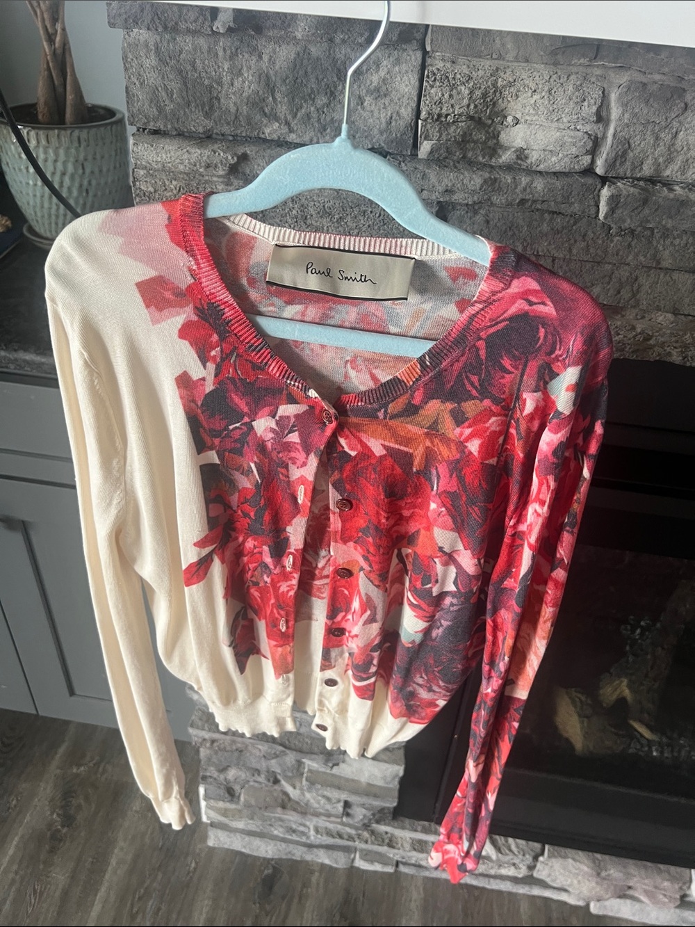 Paul Smith Red Floral Print Cardigan with Cream Base